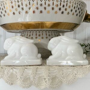 Vintage Heisey Glass Rabbit Bookends White Opal Milk Glass MCM Weighted Pair